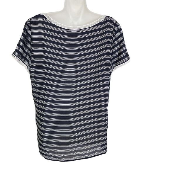 Ann Taylor LOFT Womens Top Medium Sheer White Navy Stripe Lace Trim Short Sleeve - Picture 2 of 10